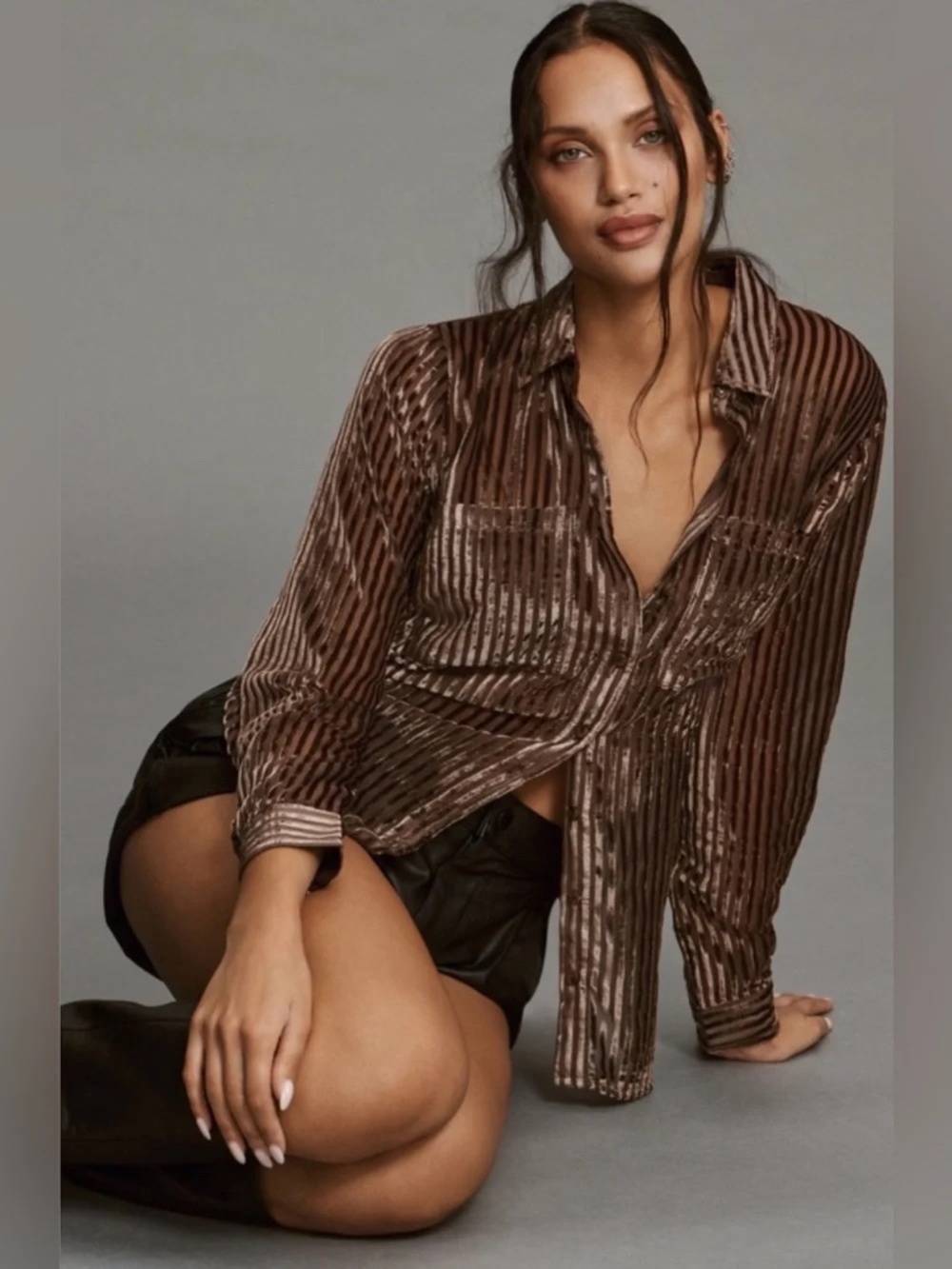 Anthropologie Pilcro Velvet Sheer Burnout Striped Blouse Brown- Med